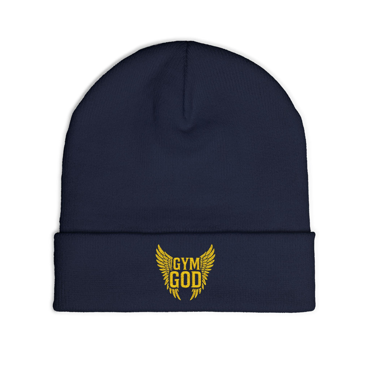 Gym God Embroidered Knit Beanie | Workout Fitness Hat with Golden Wings