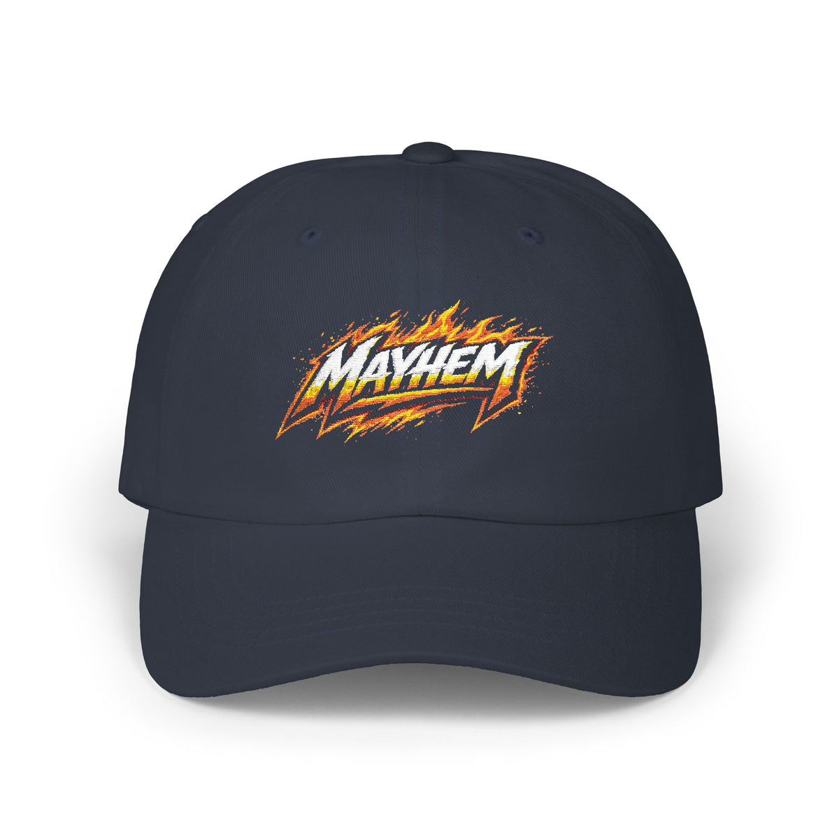 Flame Script Dad Cap — White Embroidered Retro Flame Logo Baseball Hat