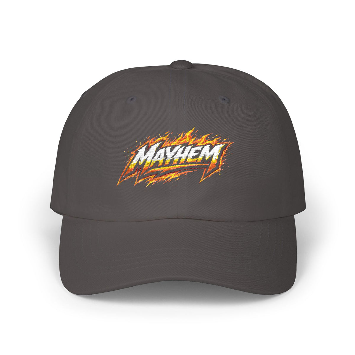 Flame Script Dad Cap — White Embroidered Retro Flame Logo Baseball Hat