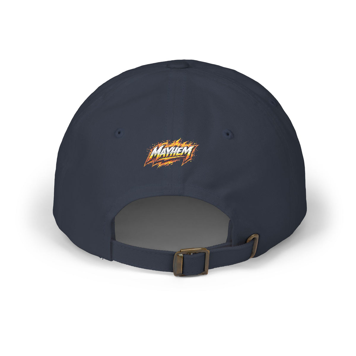 Flame Script Dad Cap — White Embroidered Retro Flame Logo Baseball Hat