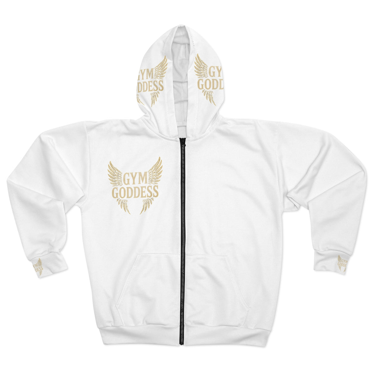 Gym Goddess Zip Hoodie — Women's Fitness Hoodie with Gold Wing Logo