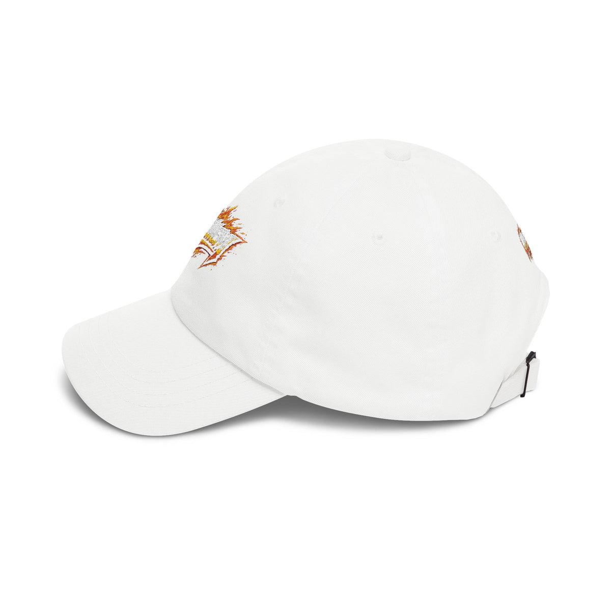 Flame Script Dad Cap — White Embroidered Retro Flame Logo Baseball Hat