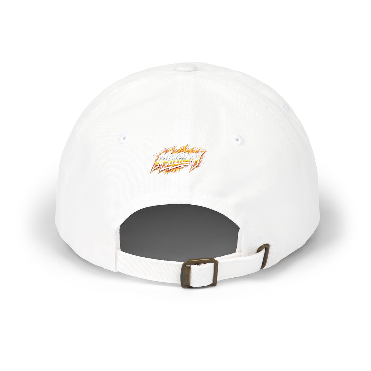 Flame Script Dad Cap — White Embroidered Retro Flame Logo Baseball Hat
