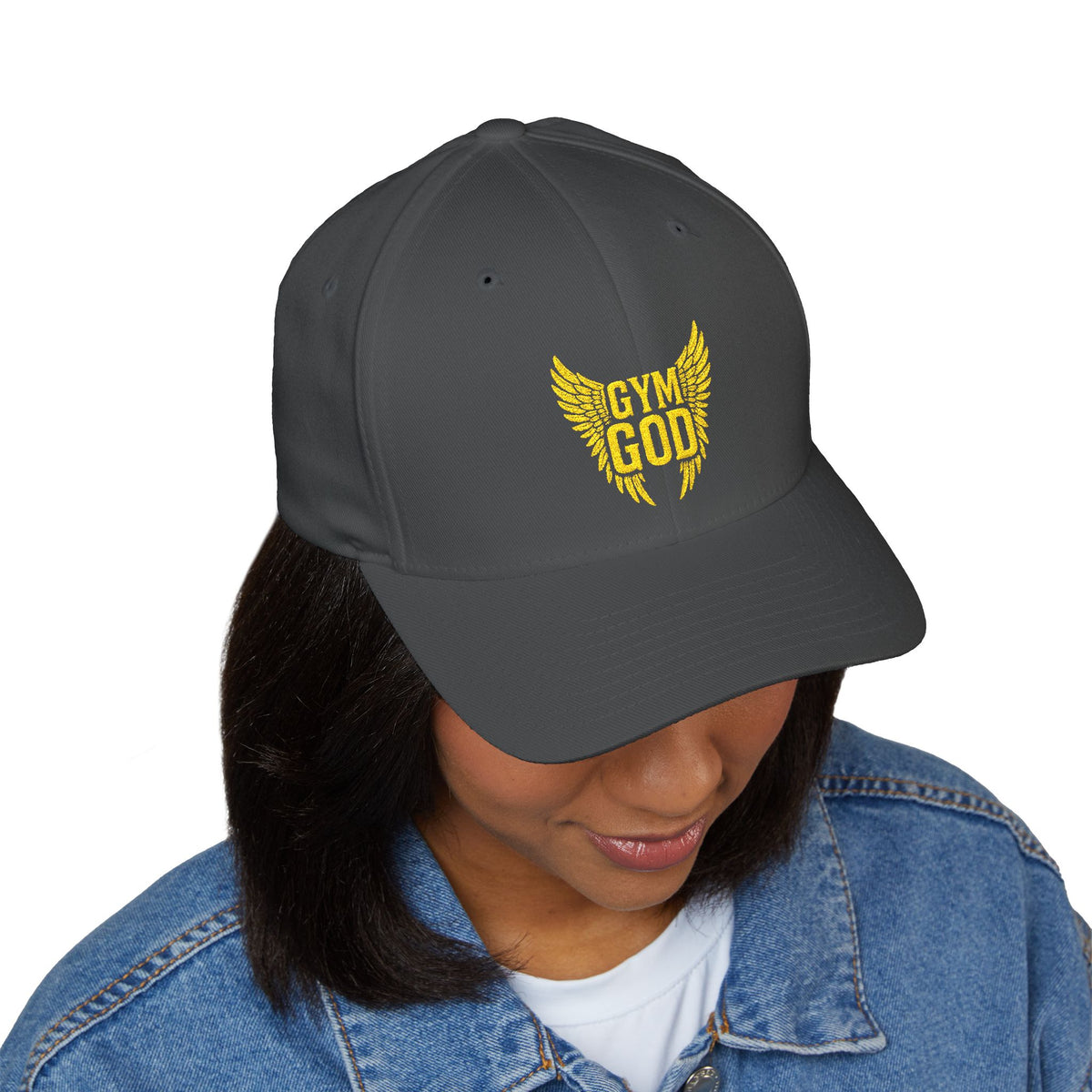 Gym God Wings Embroidered Fitted Cap | Black & Dark Grey