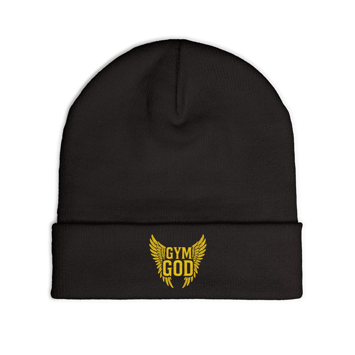 Gym God Embroidered Knit Beanie | Workout Fitness Hat with Golden Wings