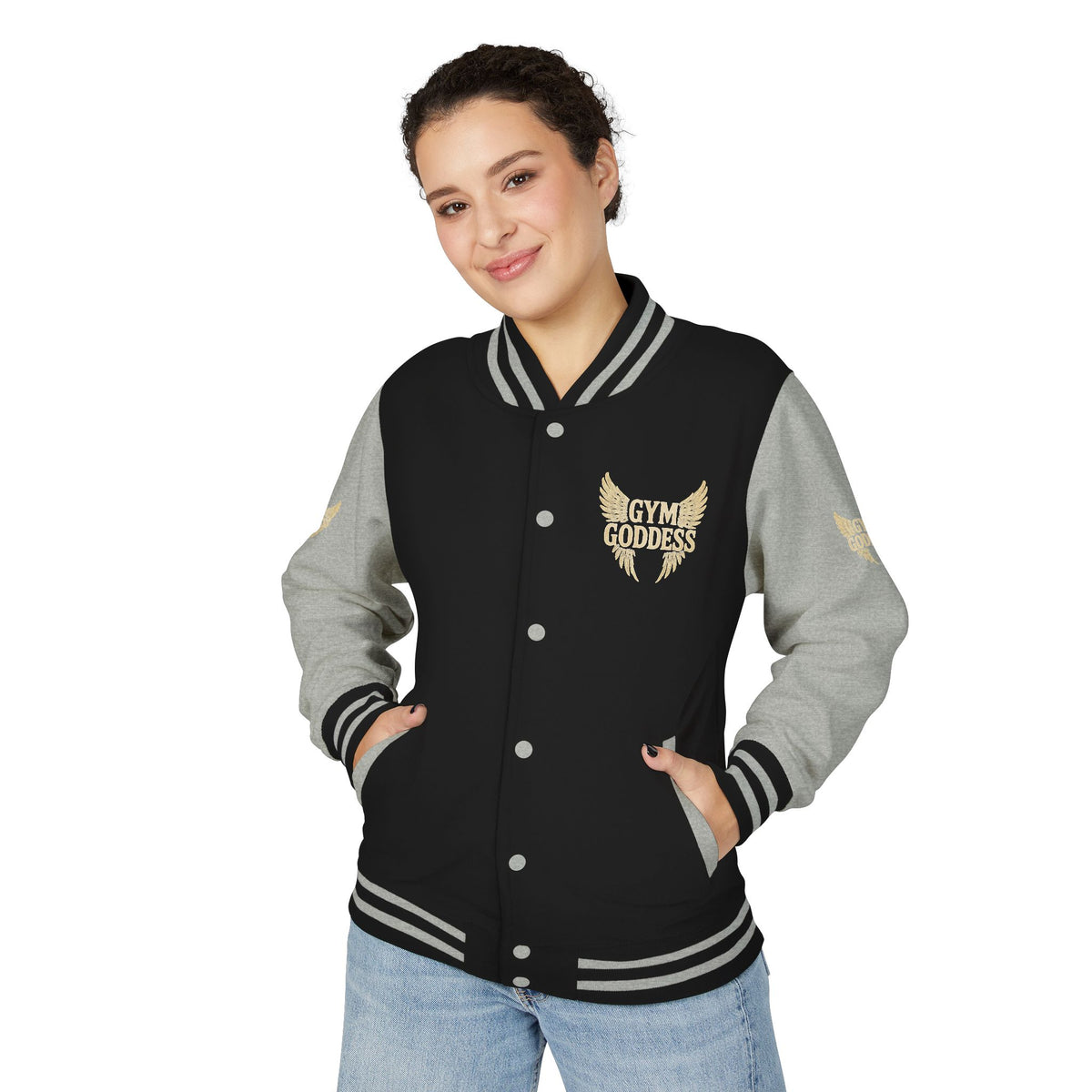 Gym Goddess Letterman Jacket | Red White Winged Fitness Design