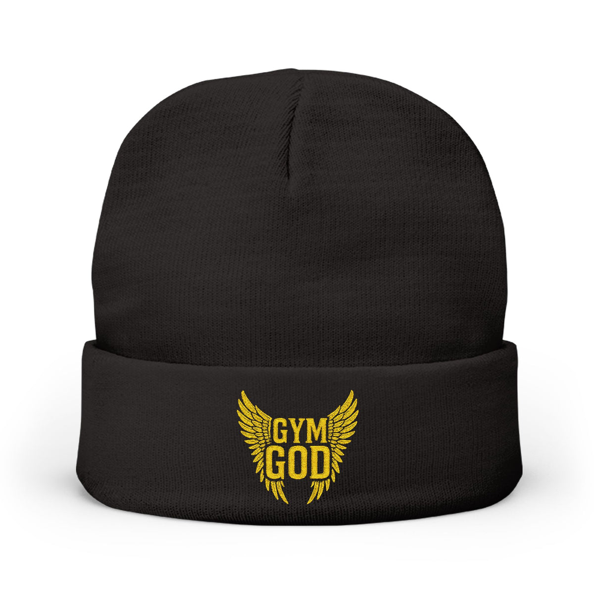 Gym God Embroidered Knit Beanie | Workout Fitness Hat with Golden Wings