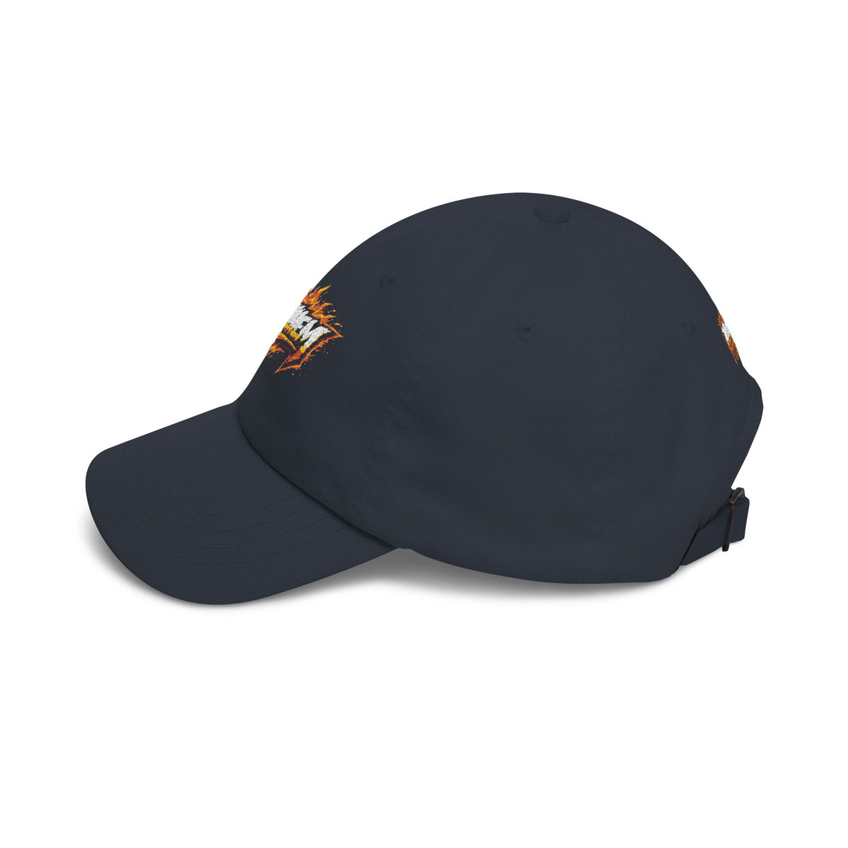 Flame Script Dad Cap — White Embroidered Retro Flame Logo Baseball Hat