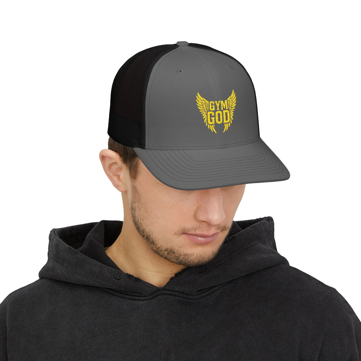 Gym God Trucker Cap — Embroidered Fitness Snapback Hat