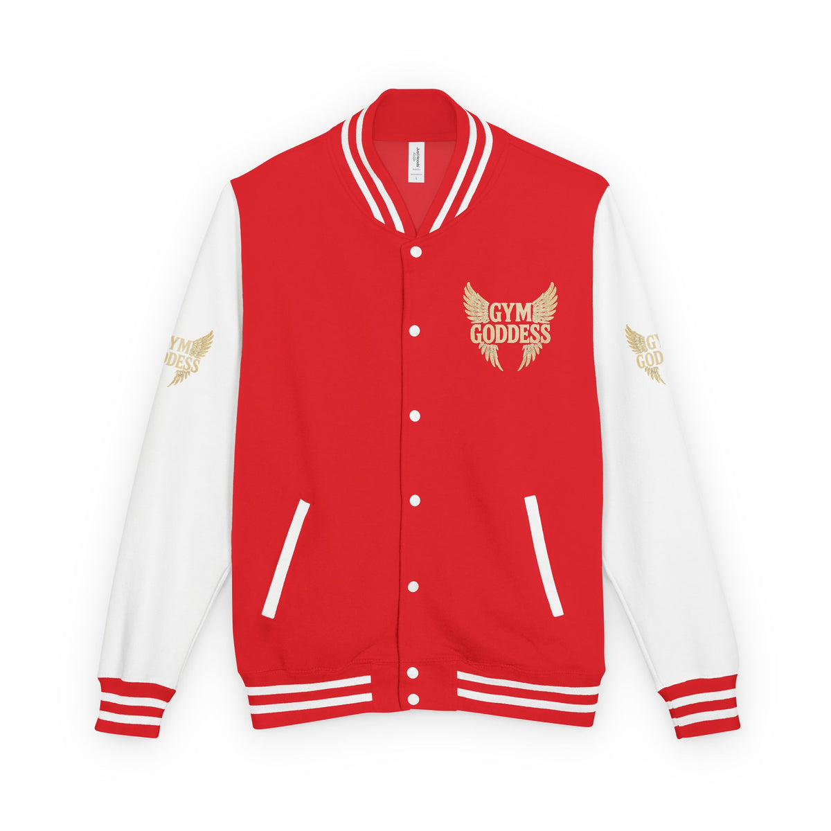 Gym Goddess Letterman Jacket | Red White Winged Fitness Design