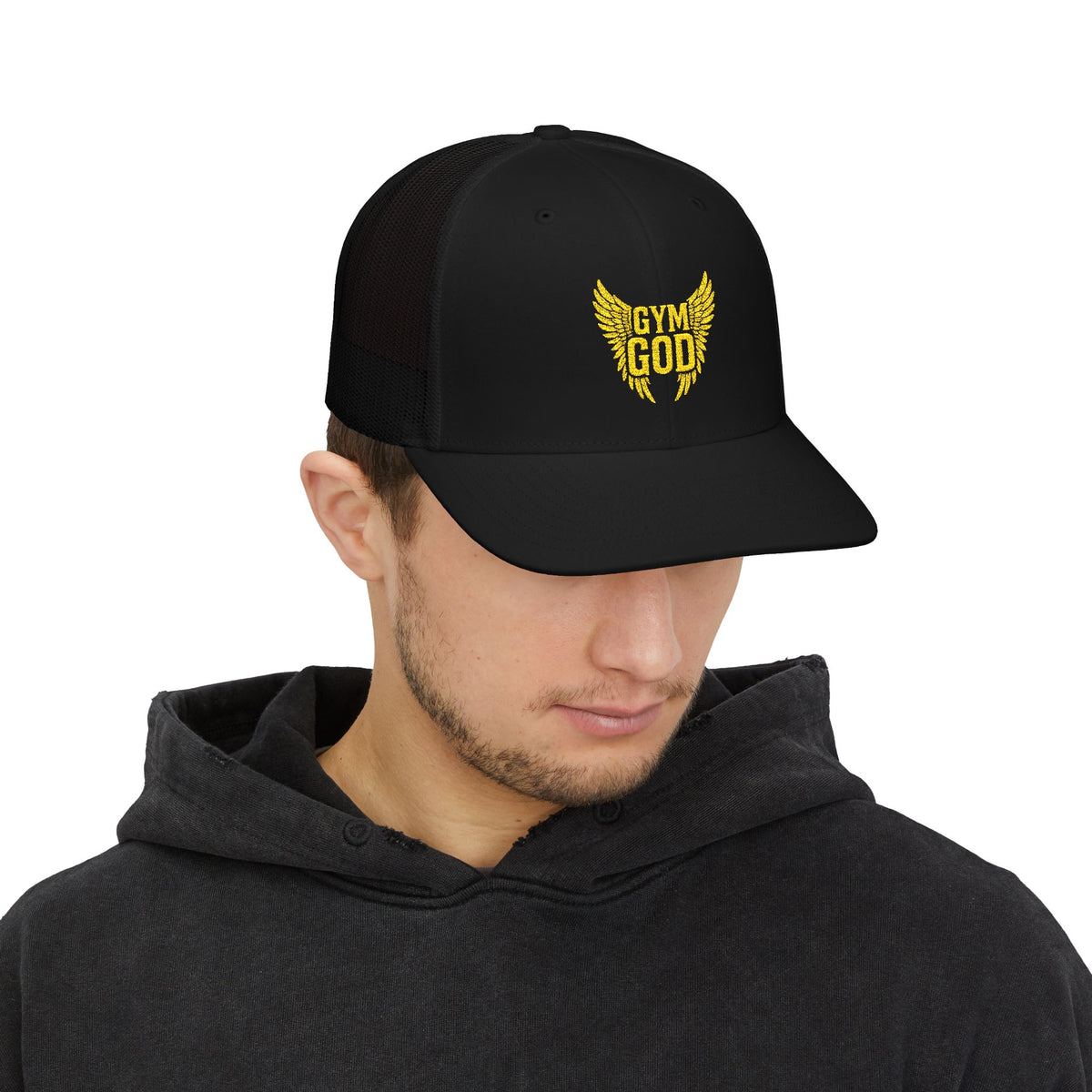 Gym God Trucker Cap — Embroidered Fitness Snapback Hat