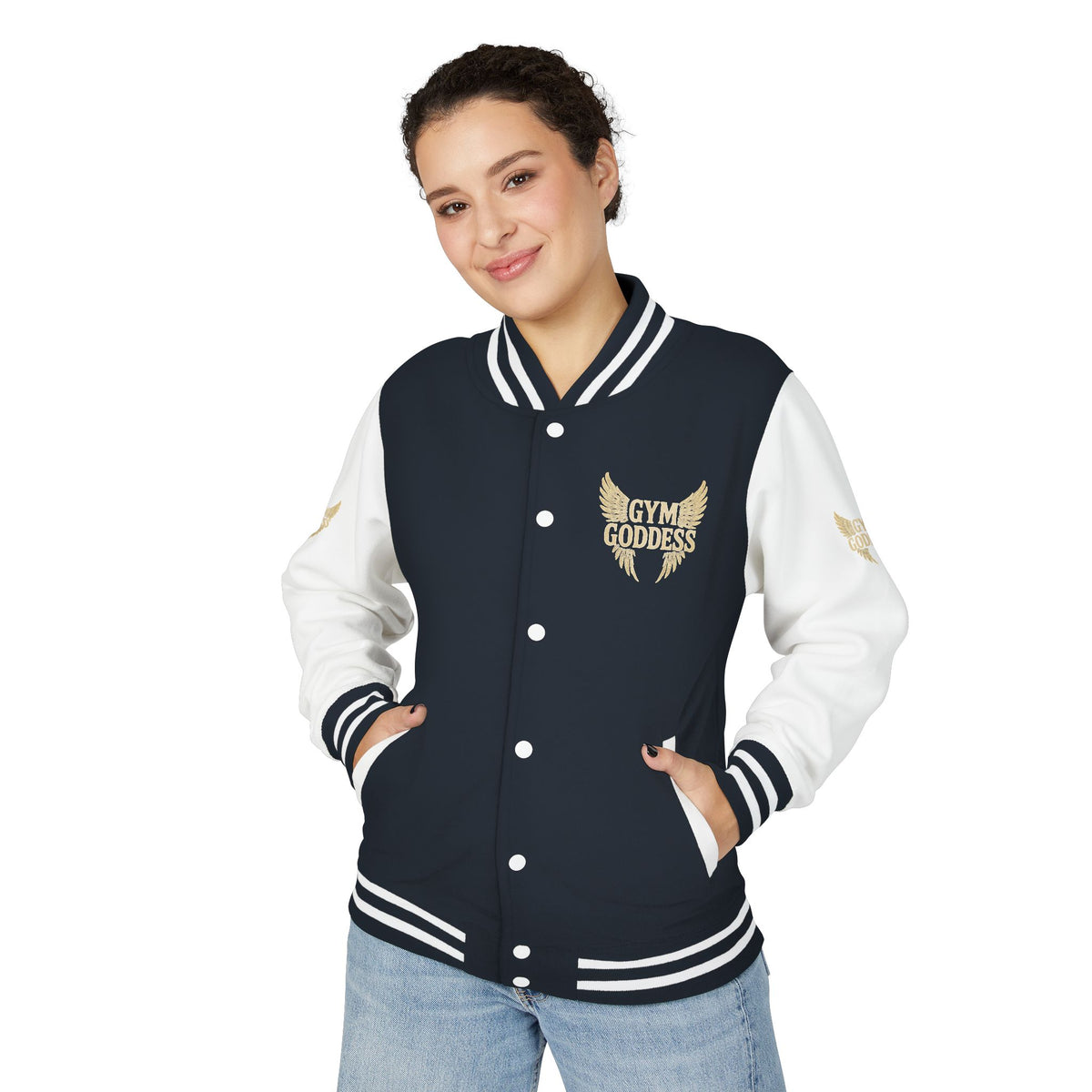 Gym Goddess Letterman Jacket | Red White Winged Fitness Design