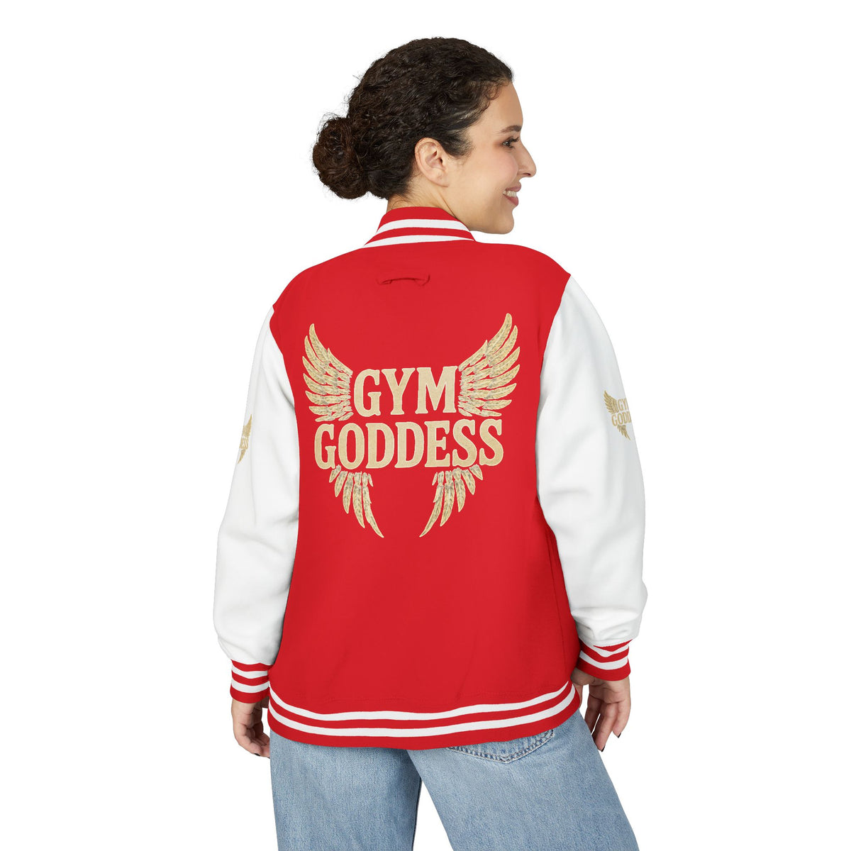 Gym Goddess Letterman Jacket | Red White Winged Fitness Design