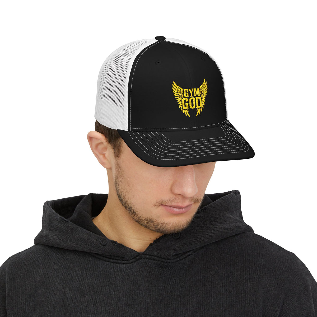 Gym God Trucker Cap — Embroidered Fitness Snapback Hat