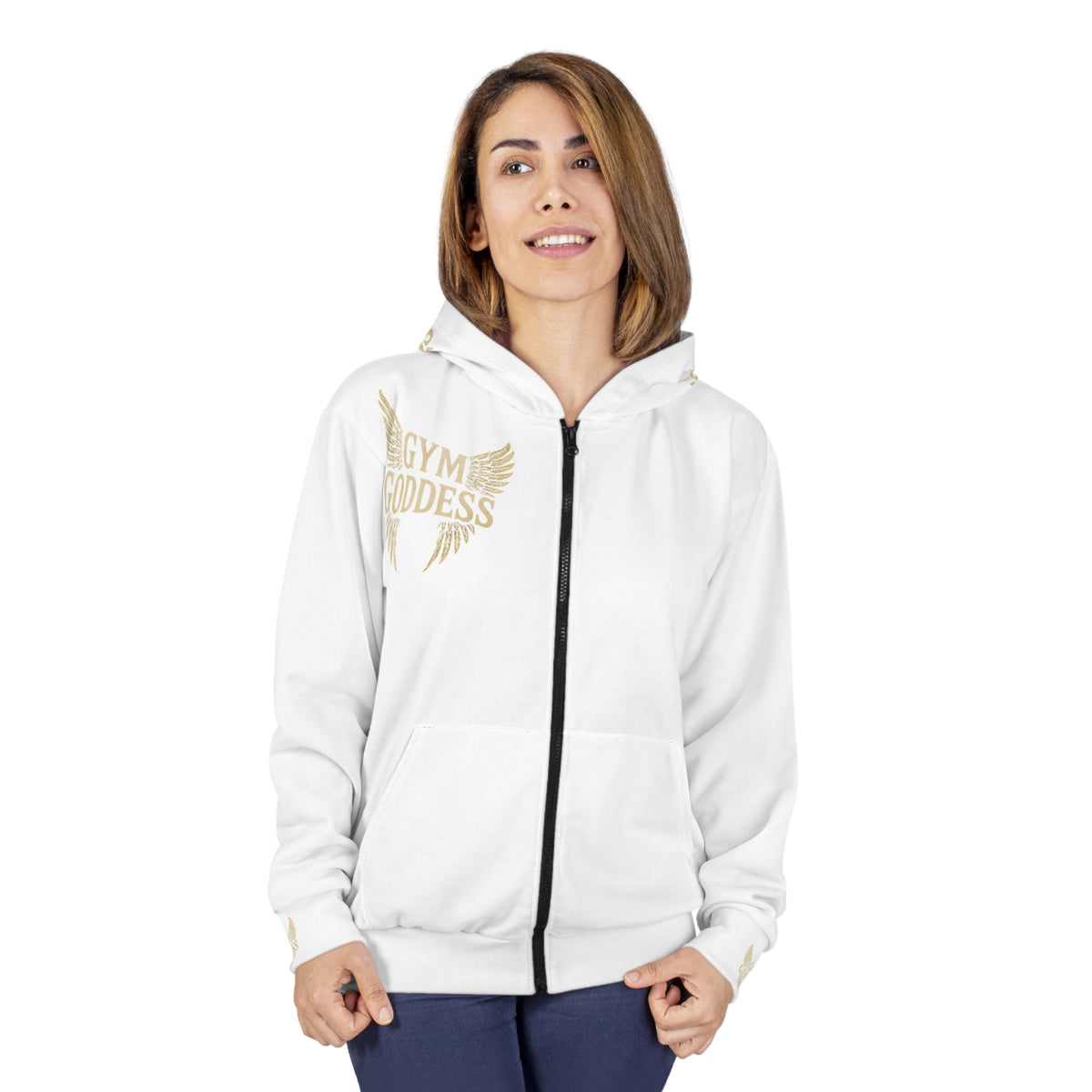 Gym Goddess Zip Hoodie — Women's Fitness Hoodie with Gold Wing Logo