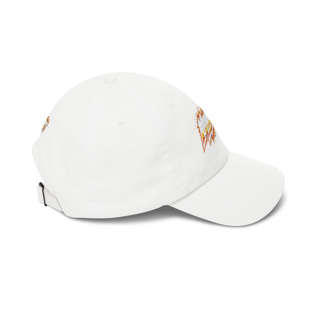 Flame Script Dad Cap — White Embroidered Retro Flame Logo Baseball Hat