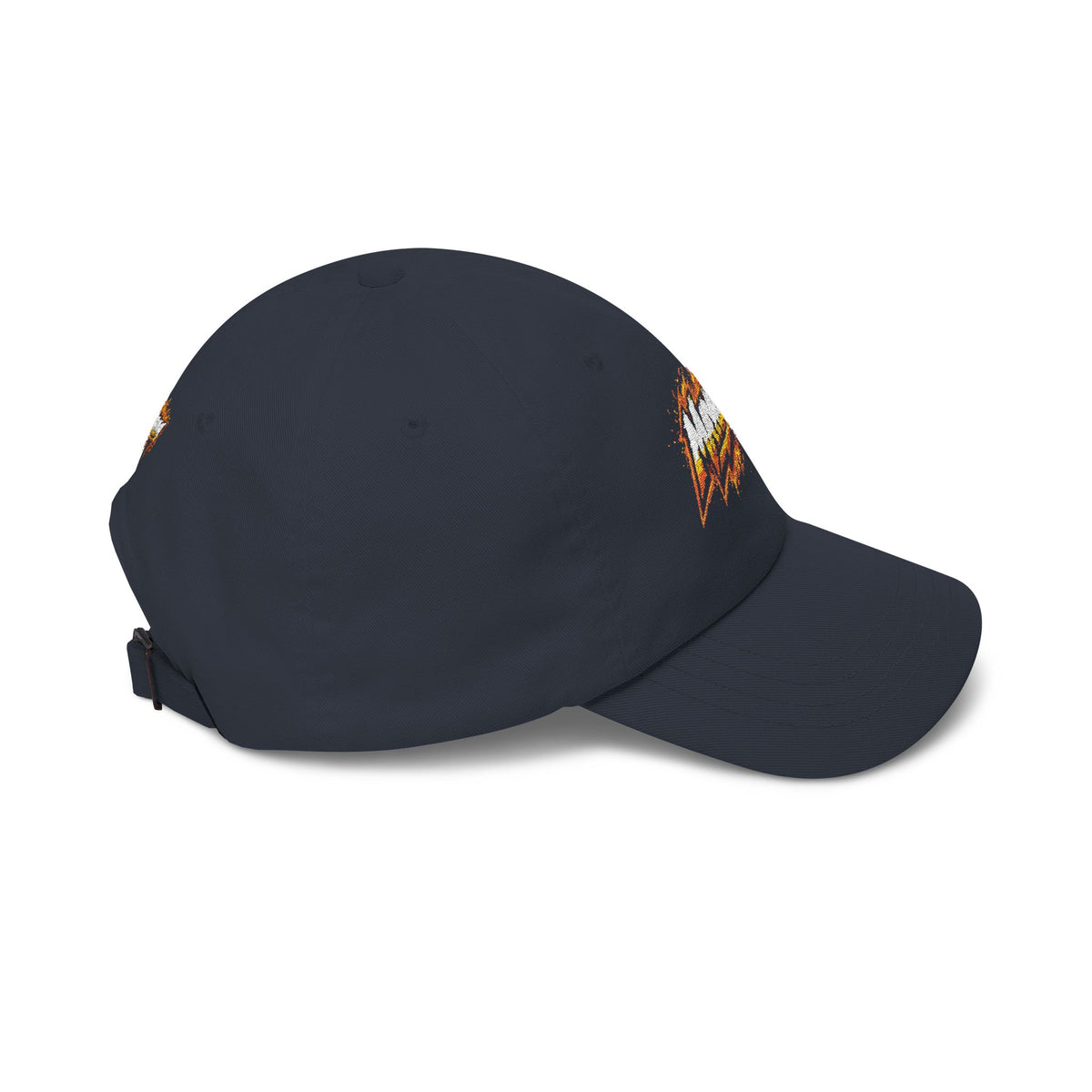 Flame Script Dad Cap — White Embroidered Retro Flame Logo Baseball Hat