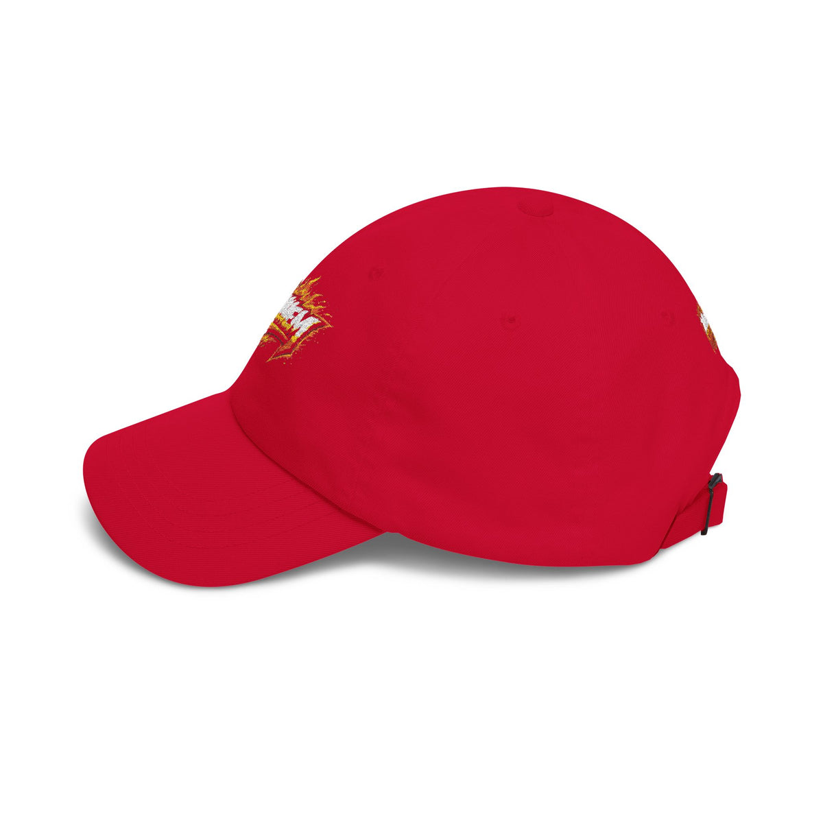 Flame Script Dad Cap — White Embroidered Retro Flame Logo Baseball Hat
