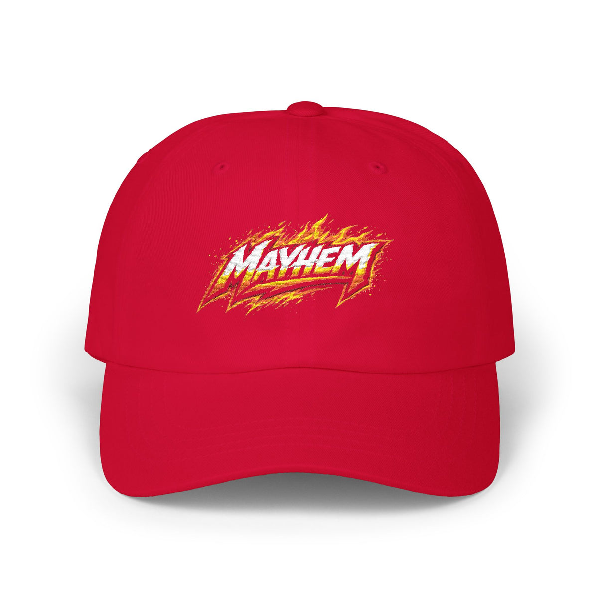 Flame Script Dad Cap — White Embroidered Retro Flame Logo Baseball Hat