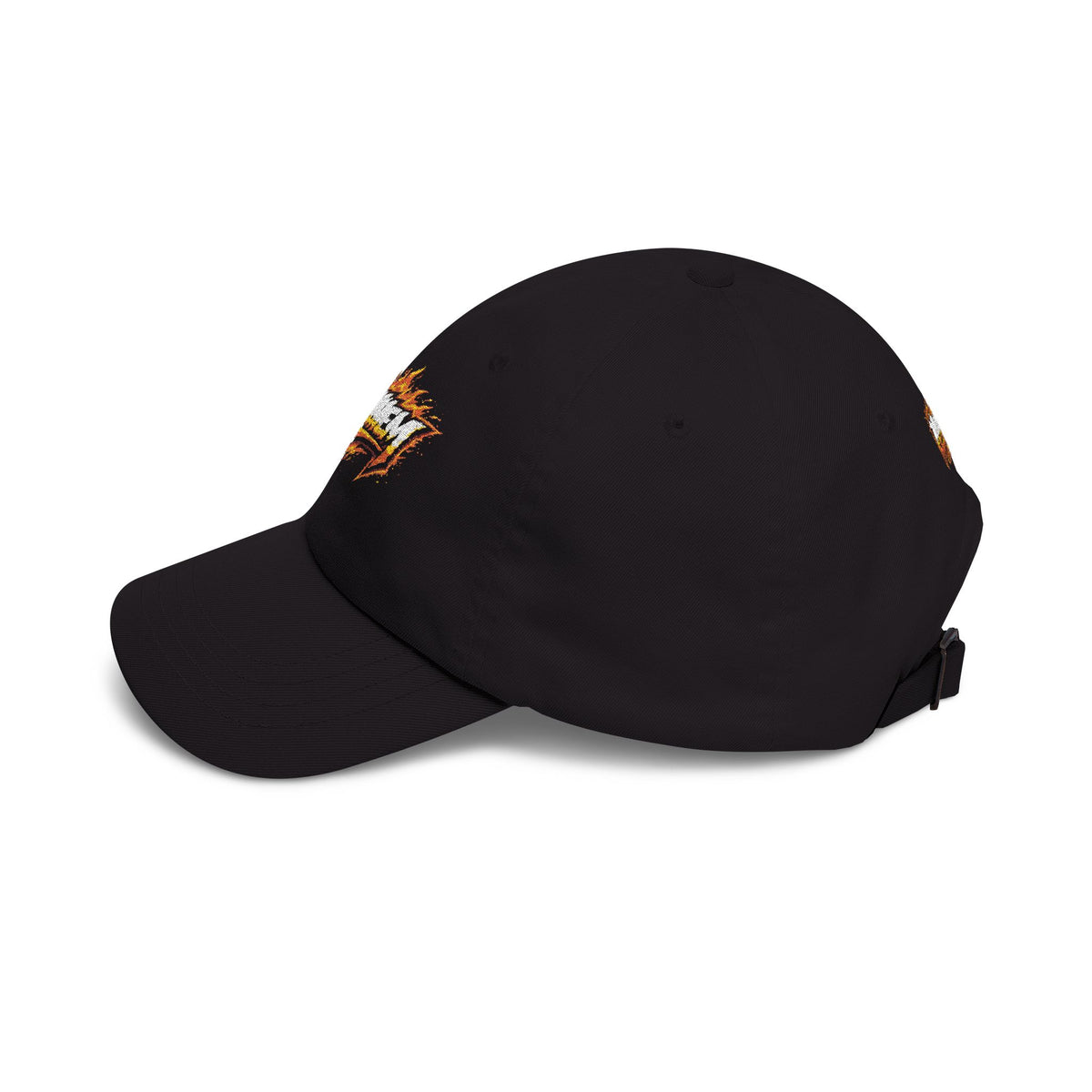 Flame Script Dad Cap — White Embroidered Retro Flame Logo Baseball Hat