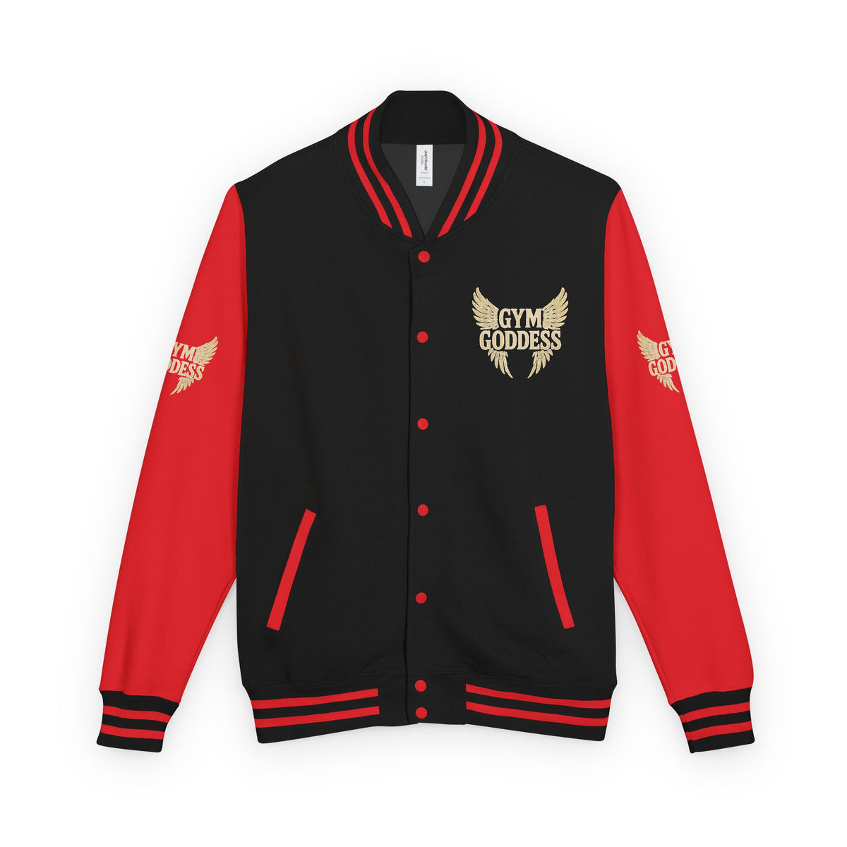 Gym Goddess Letterman Jacket | Red White Winged Fitness Design