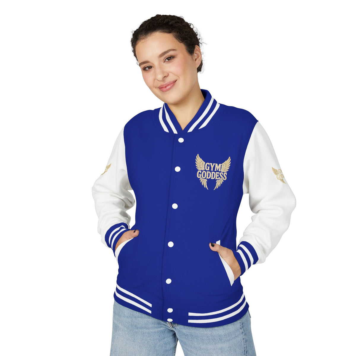 Gym Goddess Letterman Jacket | Red White Winged Fitness Design