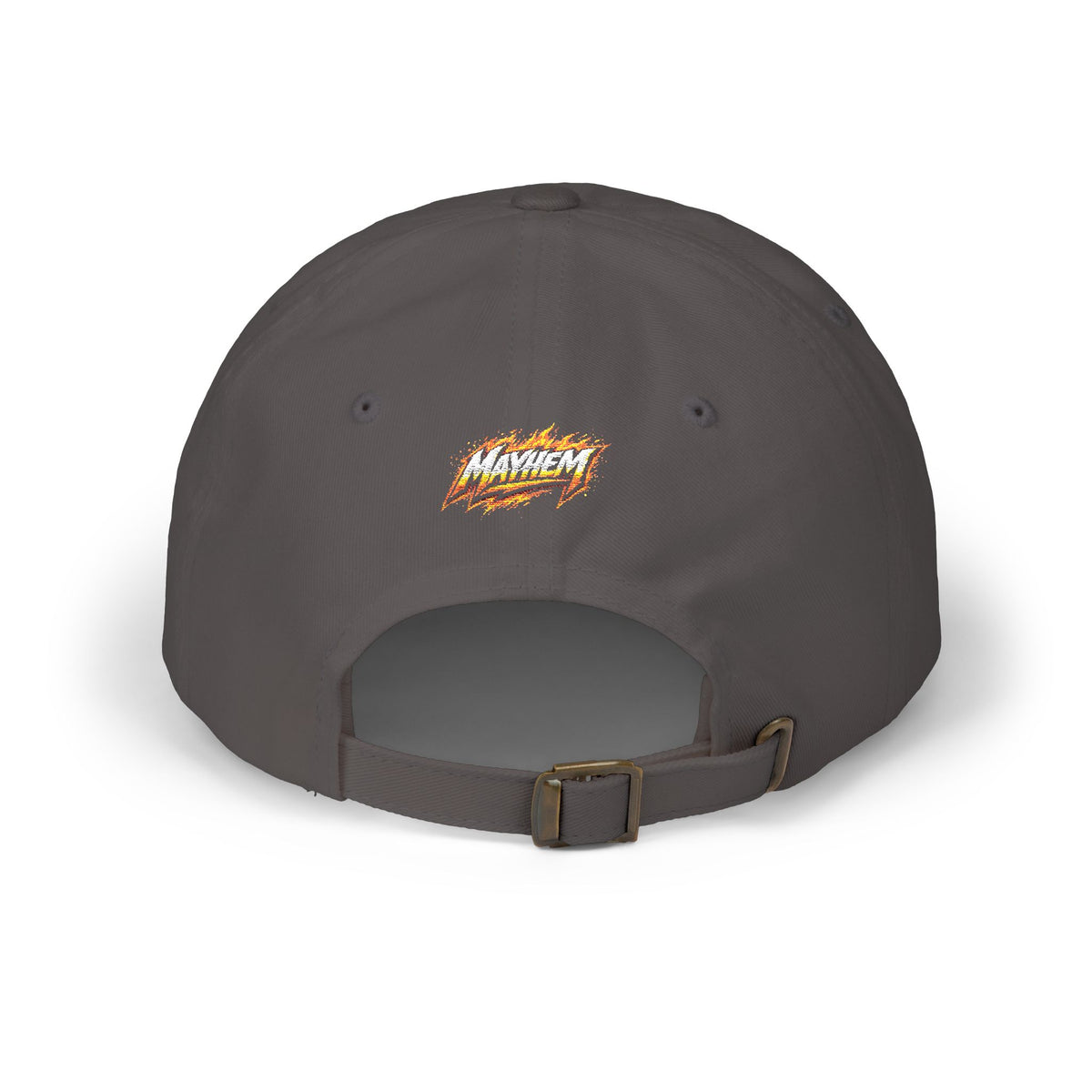 Flame Script Dad Cap — White Embroidered Retro Flame Logo Baseball Hat
