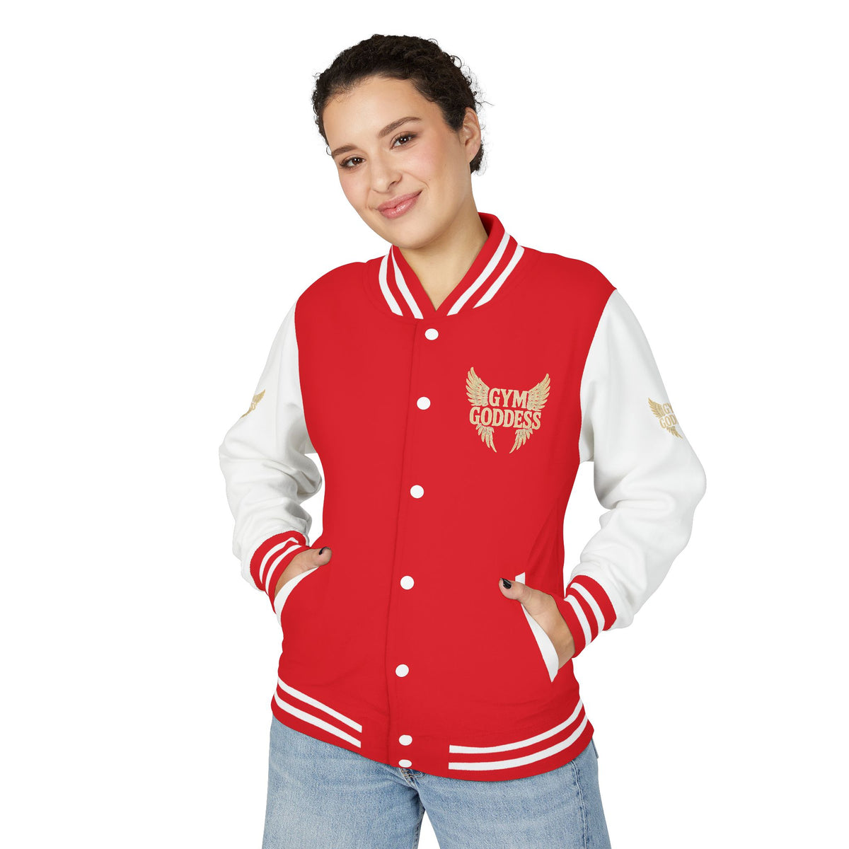 Gym Goddess Letterman Jacket | Red White Winged Fitness Design