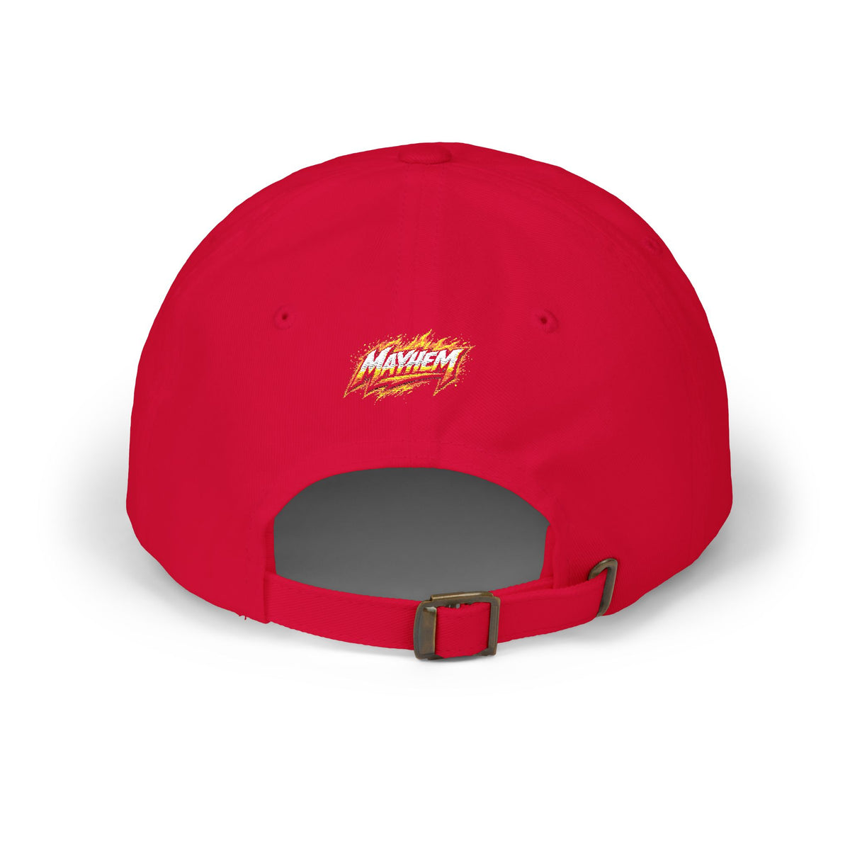 Flame Script Dad Cap — White Embroidered Retro Flame Logo Baseball Hat