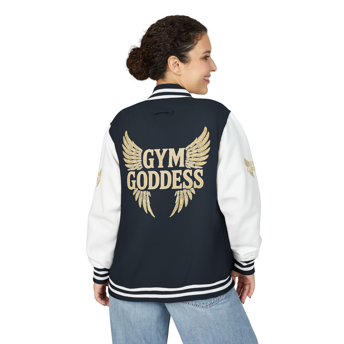 Gym Goddess Letterman Jacket | Red White Winged Fitness Design