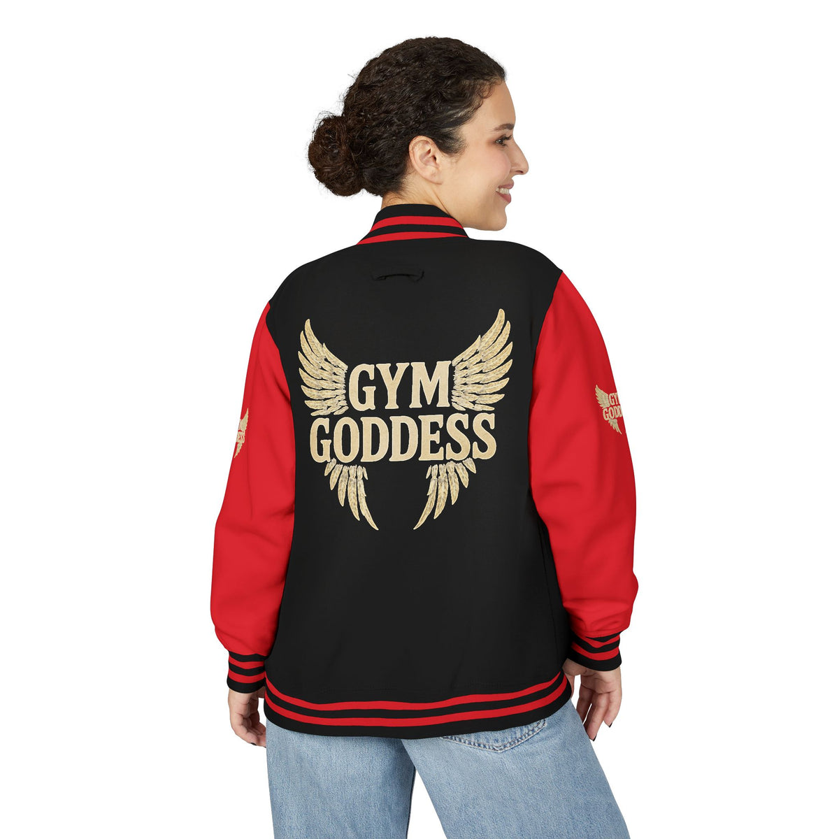 Gym Goddess Letterman Jacket | Red White Winged Fitness Design