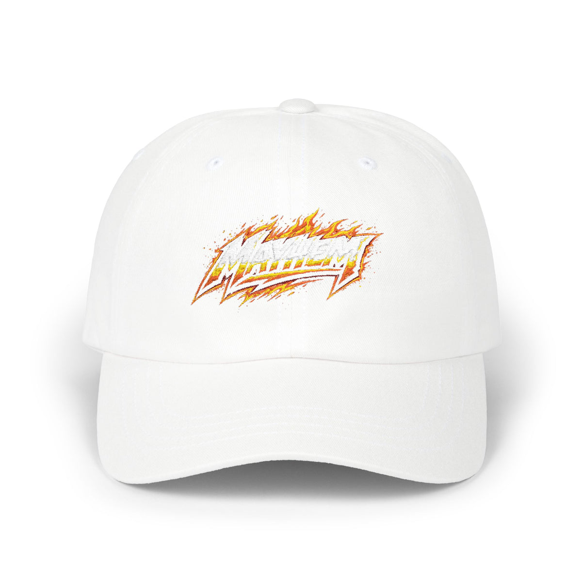 Flame Script Dad Cap — White Embroidered Retro Flame Logo Baseball Hat