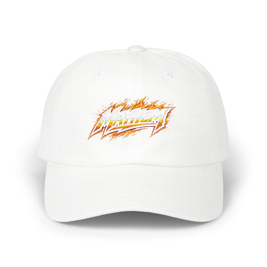 Flame Script Dad Cap — White Embroidered Retro Flame Logo Baseball Hat