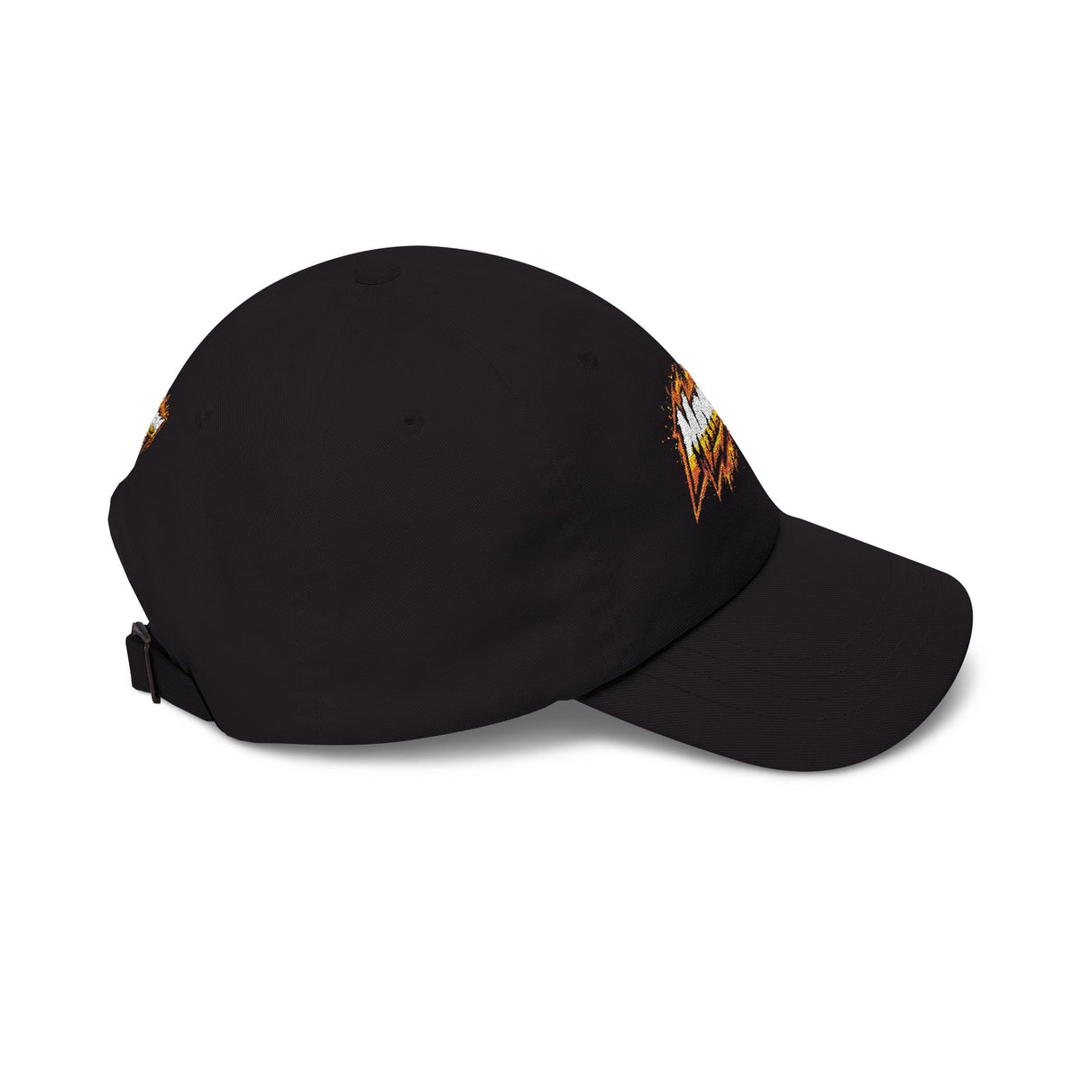 Flame Script Dad Cap — White Embroidered Retro Flame Logo Baseball Hat