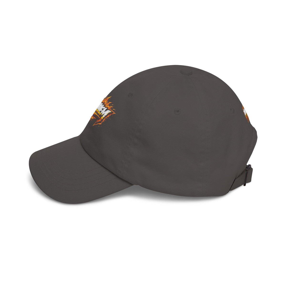Flame Script Dad Cap — White Embroidered Retro Flame Logo Baseball Hat