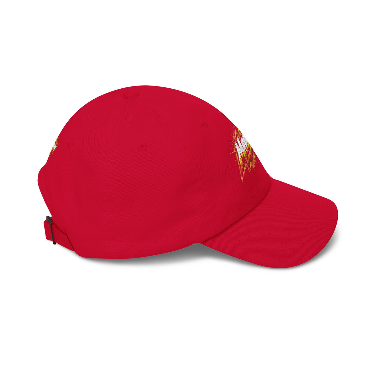 Flame Script Dad Cap — White Embroidered Retro Flame Logo Baseball Hat
