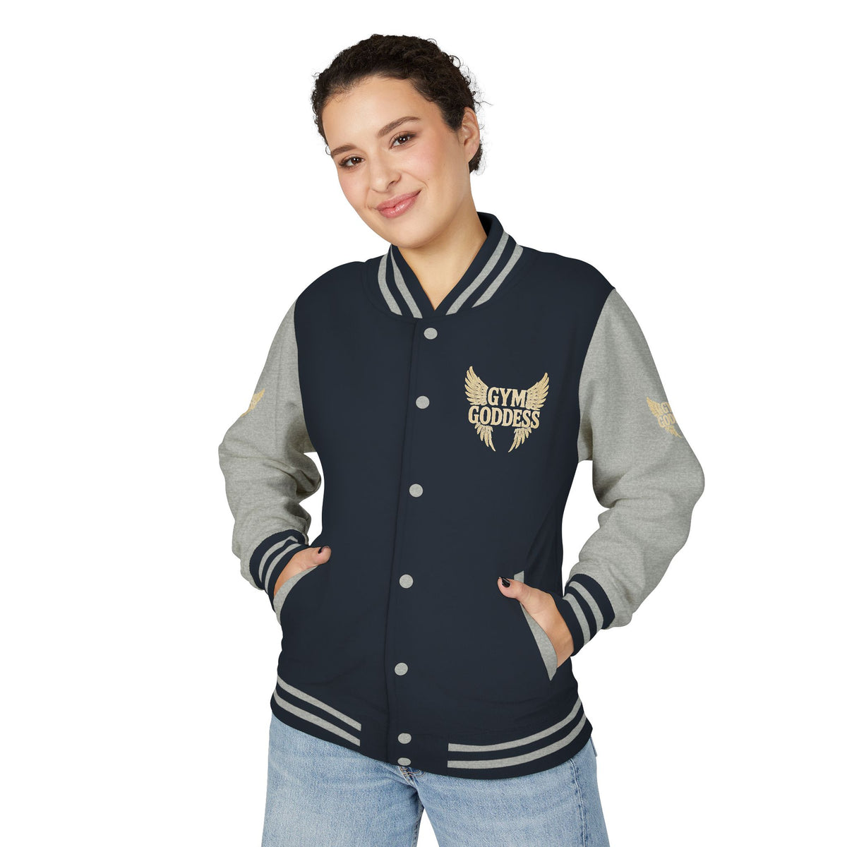 Gym Goddess Letterman Jacket | Red White Winged Fitness Design