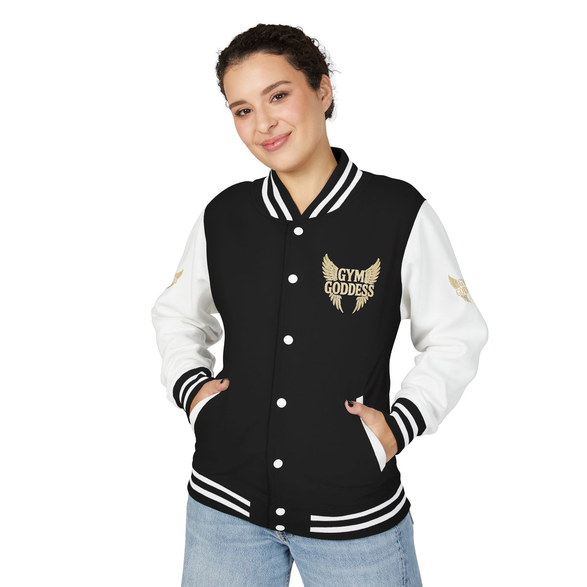 Gym Goddess Letterman Jacket | Red White Winged Fitness Design