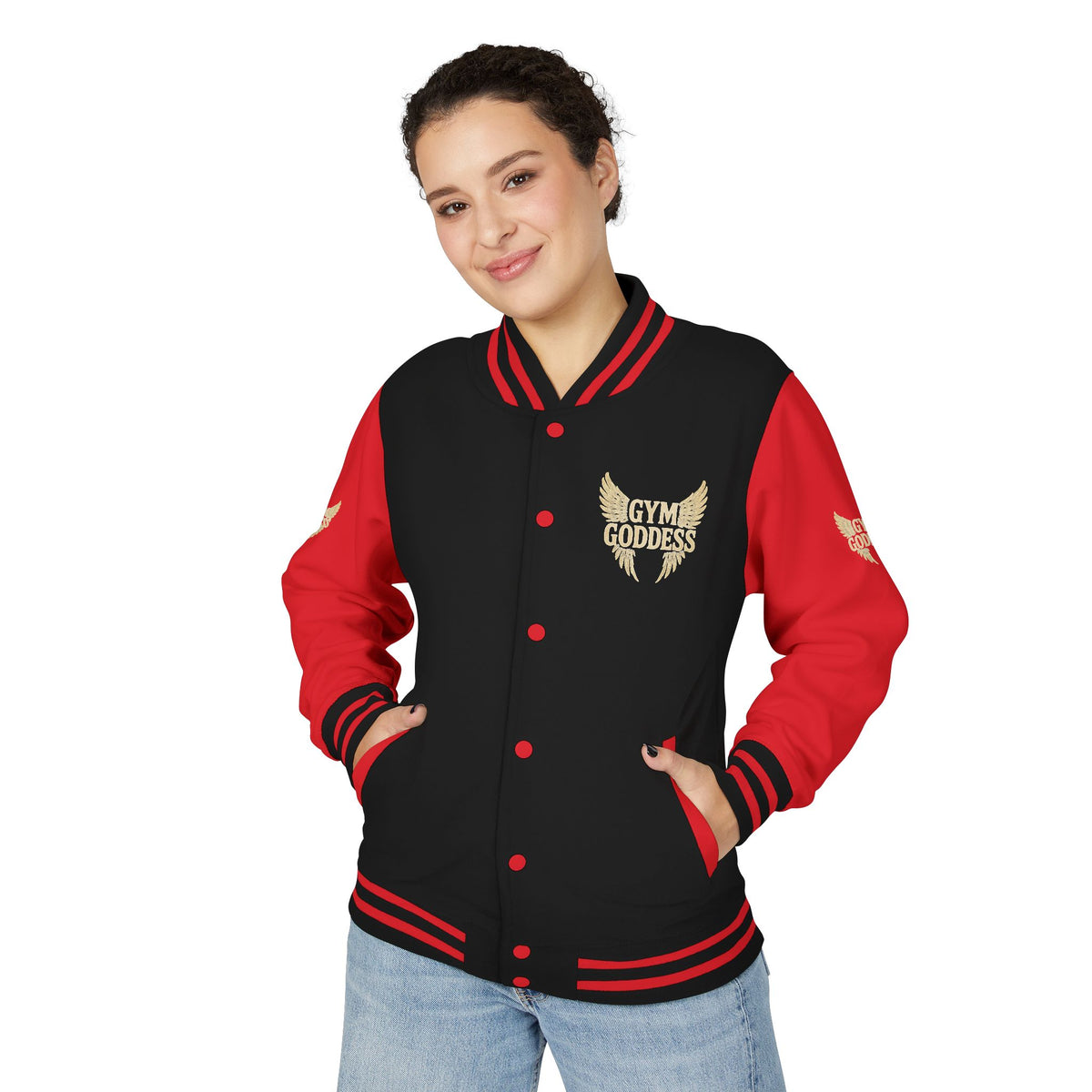 Gym Goddess Letterman Jacket | Red White Winged Fitness Design
