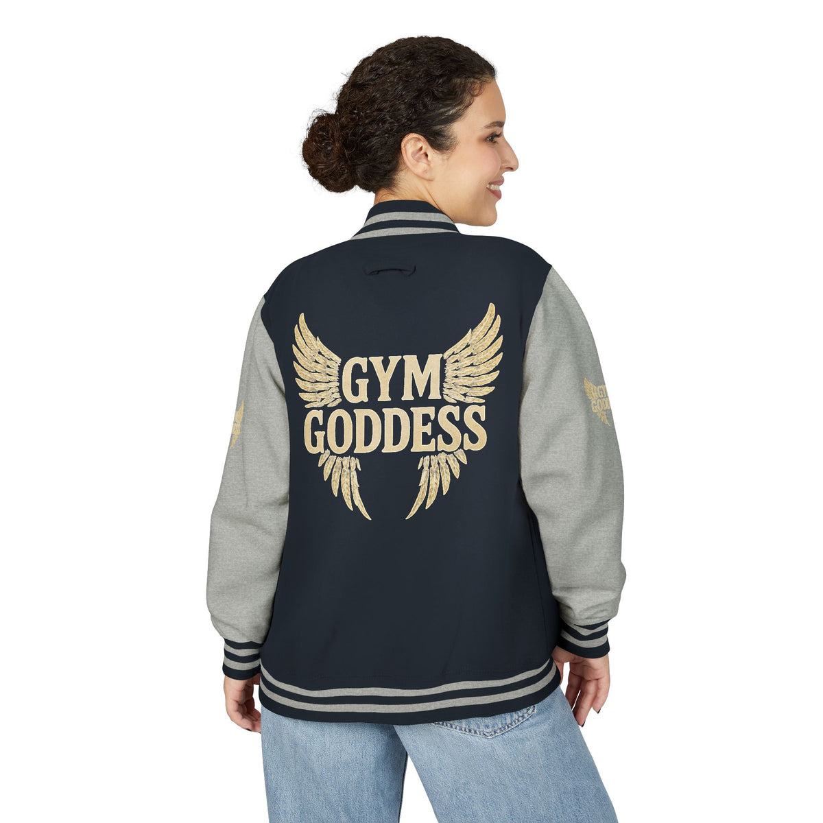 Gym Goddess Letterman Jacket | Red White Winged Fitness Design