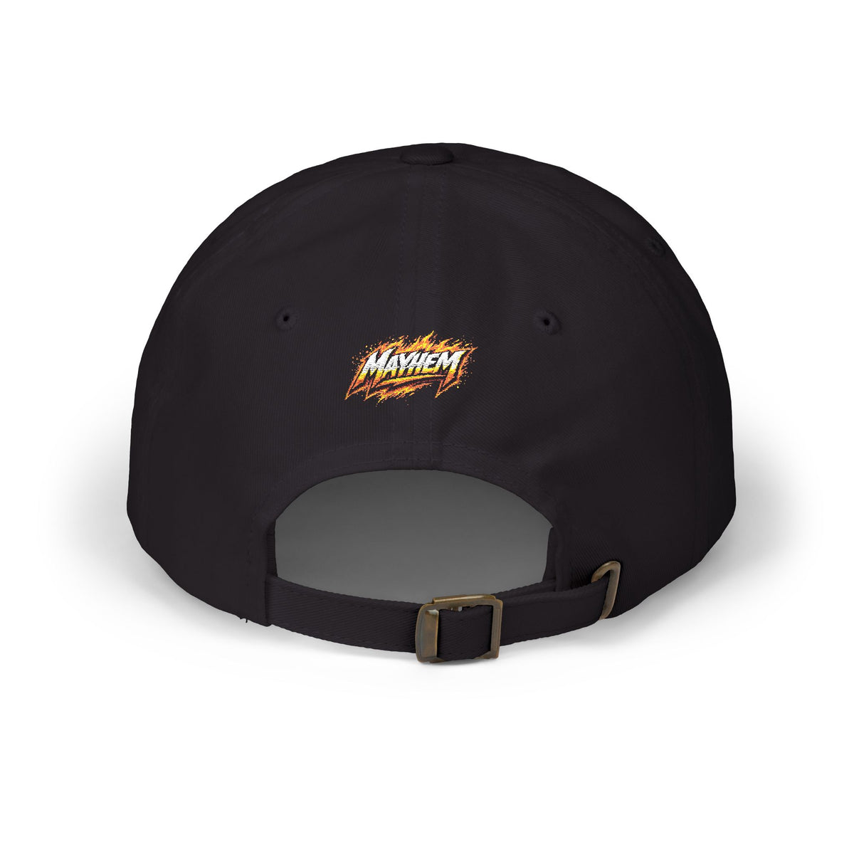 Flame Script Dad Cap — White Embroidered Retro Flame Logo Baseball Hat