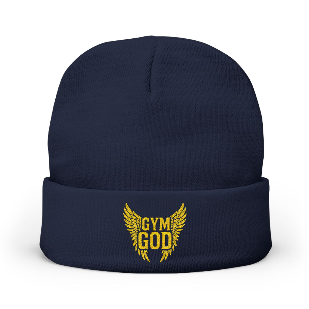 Gym God Embroidered Knit Beanie | Workout Fitness Hat with Golden Wings