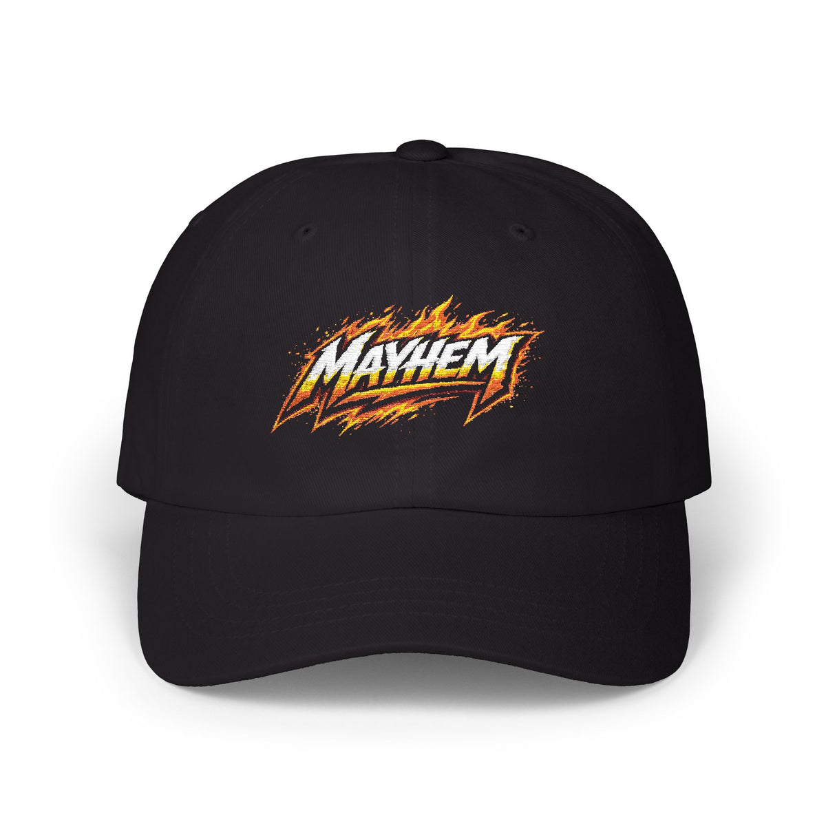 Flame Script Dad Cap — White Embroidered Retro Flame Logo Baseball Hat