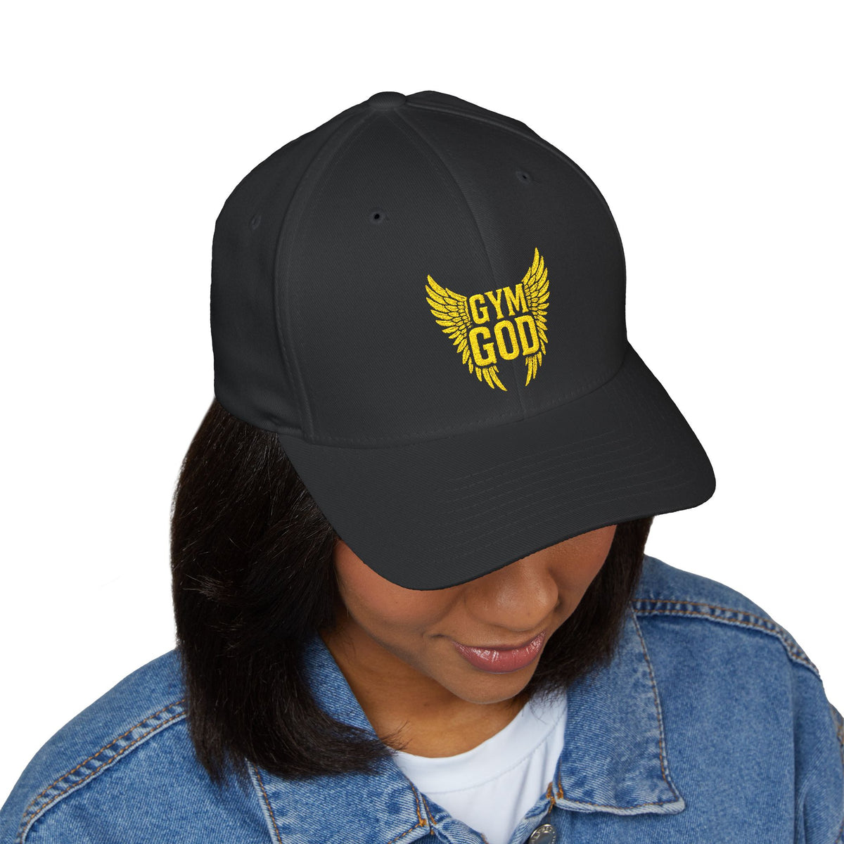 Gym God Wings Embroidered Fitted Cap | Black & Dark Grey