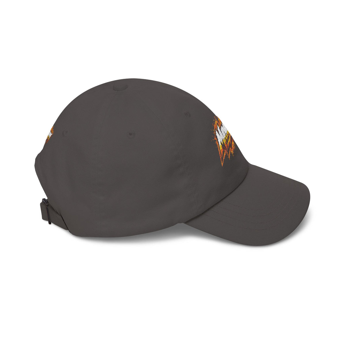 Flame Script Dad Cap — White Embroidered Retro Flame Logo Baseball Hat